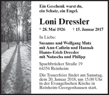 Traueranzeige von Loni Dressler von Trauerportal Rhein Main Presse