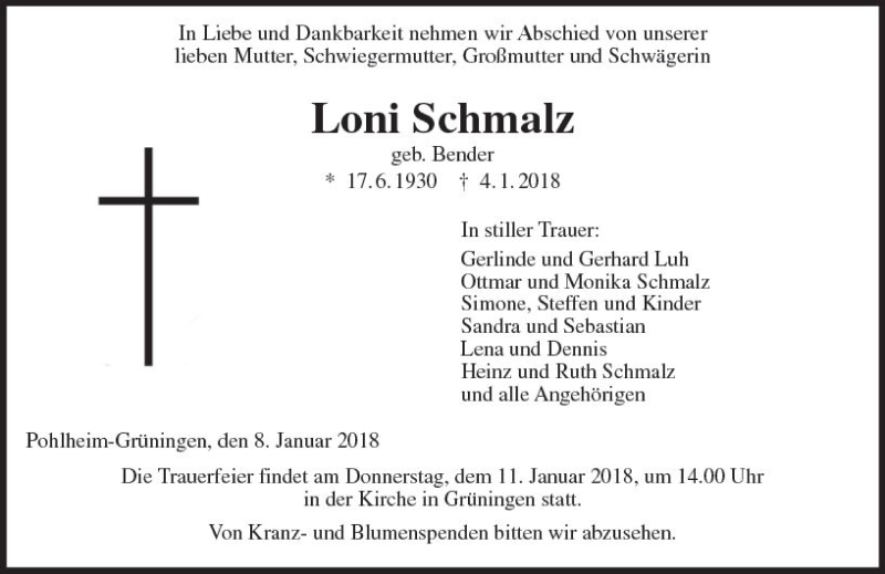  Traueranzeige für Loni Schmalz vom 08.01.2018 aus  Gießener Anzeiger