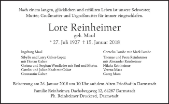 Traueranzeige von Lore Reinheimer von Trauerportal Rhein Main Presse