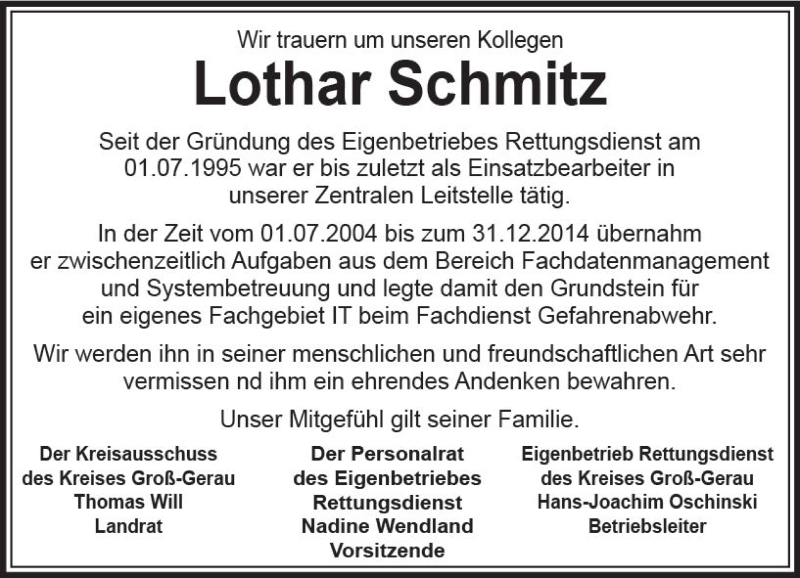  Traueranzeige für Lothar Schmitz vom 13.01.2018 aus Trauerportal Rhein Main Presse
