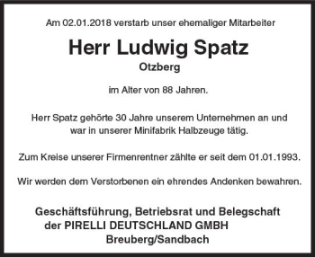 Traueranzeige von Ludwig Spatz von Trauerportal Echo Online