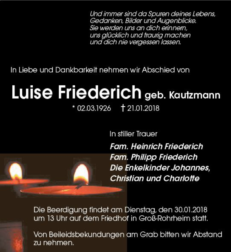  Traueranzeige für Luise Friederich vom 25.01.2018 aus Trauerportal Rhein Main Presse