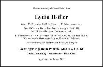 Traueranzeige von Lydia Höfler von Trauerportal Rhein Main Presse