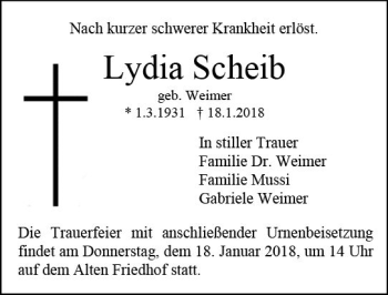 Traueranzeige von Lydia Scheib von Trauerportal Rhein Main Presse