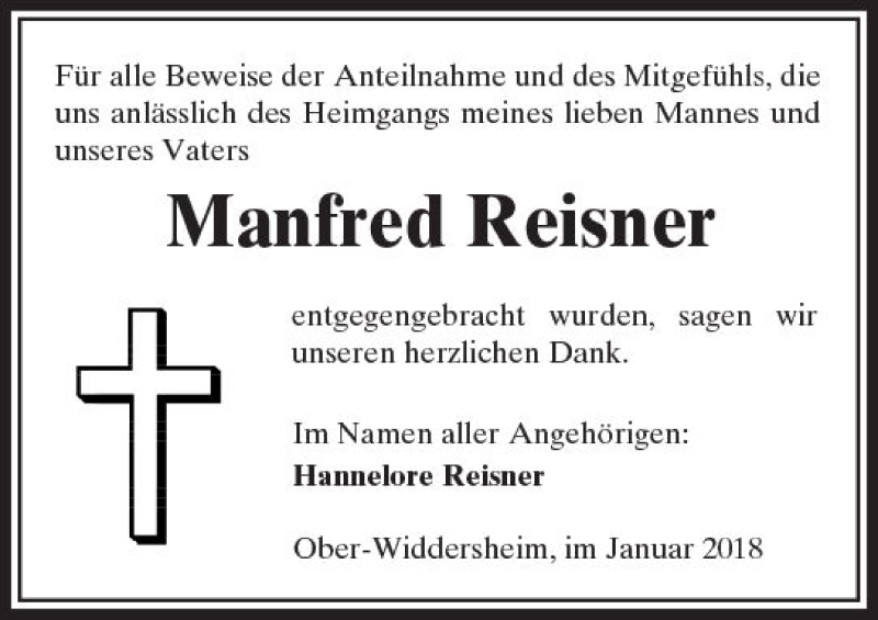  Traueranzeige für Manfred Reisner vom 13.01.2018 aus  Kreisanzeiger