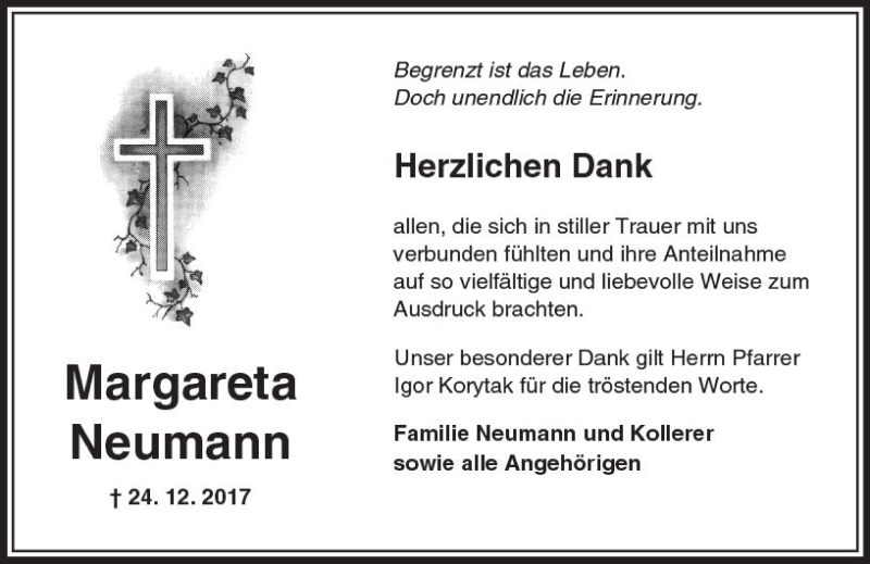  Traueranzeige für Margareta Neumann vom 27.01.2018 aus Trauerportal Rhein Main Presse