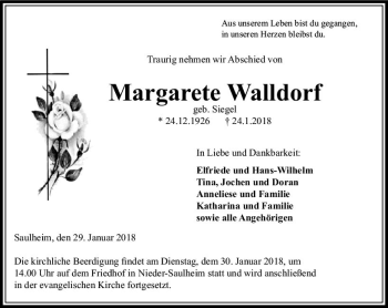 Traueranzeige von Margarete Walldorf von Trauerportal Rhein Main Presse