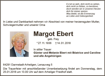 Traueranzeige von Margot Ebert von Trauerportal Rhein Main Presse