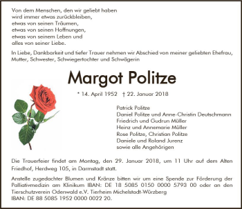Traueranzeige von Margot Politze von Trauerportal Rhein Main Presse