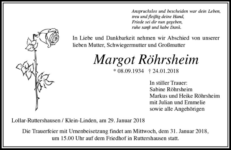  Traueranzeige für Margot Röhrsheim vom 29.01.2018 aus  Gießener Anzeiger