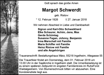 Traueranzeige von Margot Schwerdt von Trauerportal Rhein Main Presse