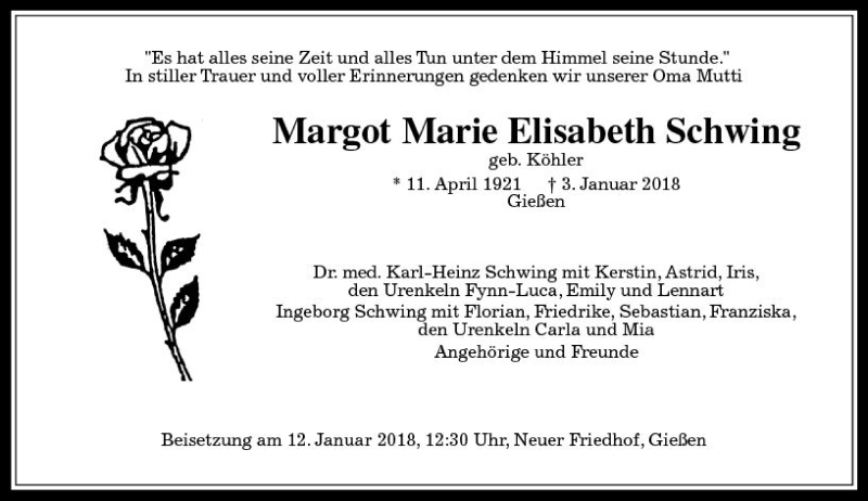  Traueranzeige für Margot Marie Elisabeth Schwing vom 09.01.2018 aus  Gießener Anzeiger