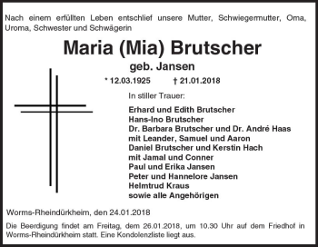 Traueranzeige von Maria Brutscher von Trauerportal Rhein Main Presse