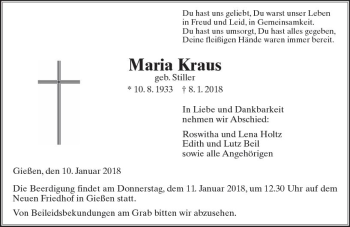 Traueranzeige von Maria Kraus von  Gießener Anzeiger