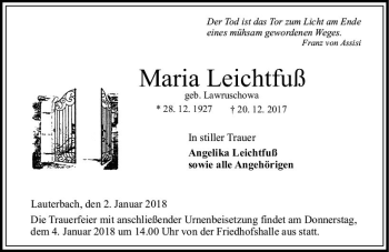 Traueranzeige von Maria Leichtfuß von VRM Trauer