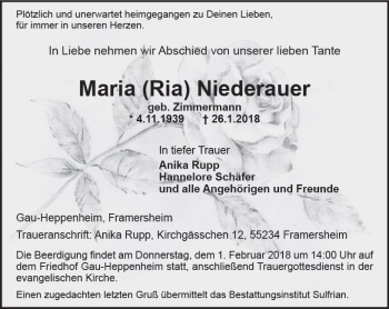 Traueranzeige von Maria Niederauer von Trauerportal Rhein Main Presse