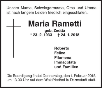 Traueranzeige von Maria Rametti von Trauerportal Rhein Main Presse
