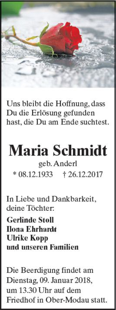  Traueranzeige für Maria Schmidt vom 06.01.2018 aus Trauerportal Rhein Main Presse