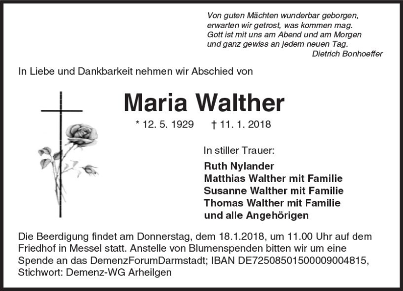  Traueranzeige für Maria Walther vom 13.01.2018 aus Trauerportal Rhein Main Presse