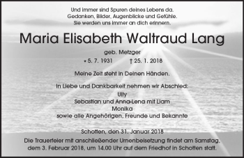 Traueranzeige von Maria Elisabeth Waltraud Lang von  Kreisanzeiger