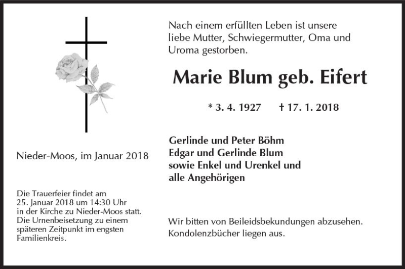  Traueranzeige für Marie Blum vom 23.01.2018 aus VRM Trauer