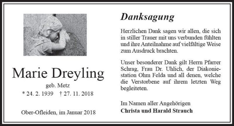  Traueranzeige für Marie Dreyling vom 20.01.2018 aus VRM Trauer