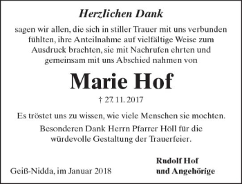 Traueranzeige von Marie Hof von  Kreisanzeiger
