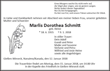 Traueranzeige von Marlis Dorothea Schmitt von  Gießener Anzeiger
