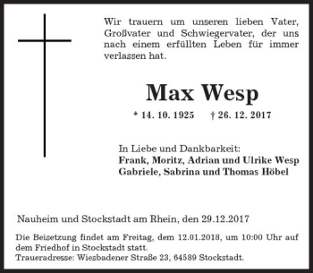Traueranzeige von Max Wesp von Trauerportal Rhein Main Presse