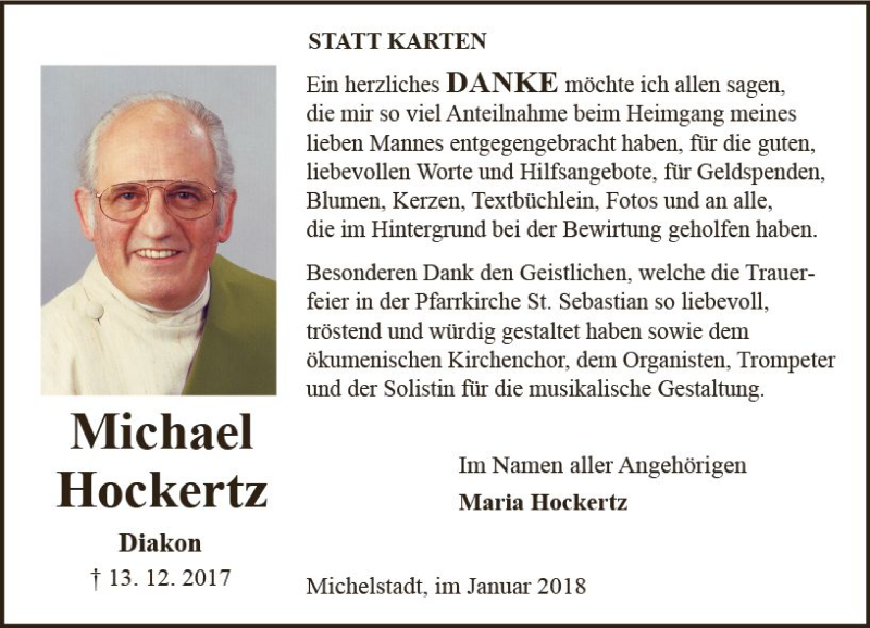  Traueranzeige für Michael Hockertz vom 20.01.2018 aus Trauerportal Rhein Main Presse