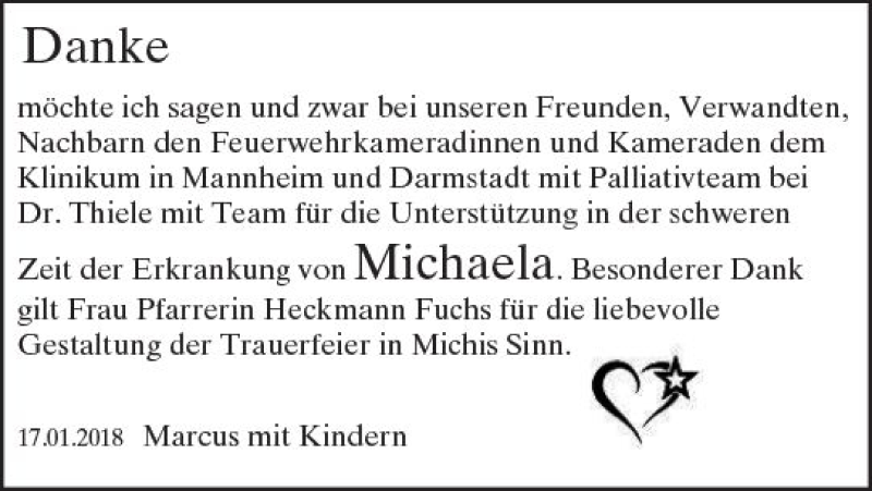  Traueranzeige für Michaela Hörr vom 17.01.2018 aus Trauerportal Rhein Main Presse