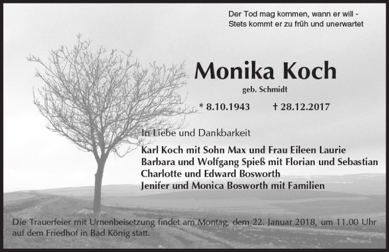  Traueranzeige für Monika Koch vom 13.01.2018 aus Trauerportal Rhein Main Presse
