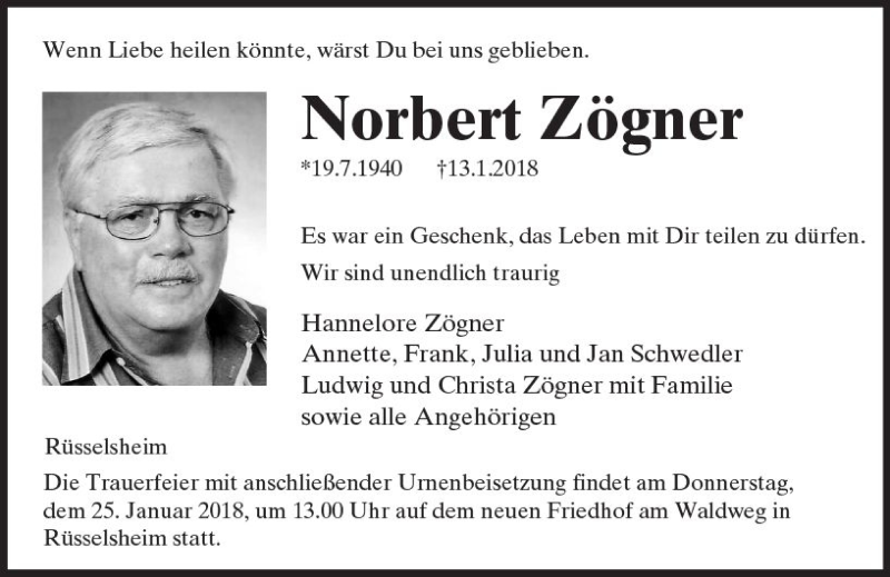  Traueranzeige für Norbert Zögner vom 20.01.2018 aus Trauerportal Rhein Main Presse