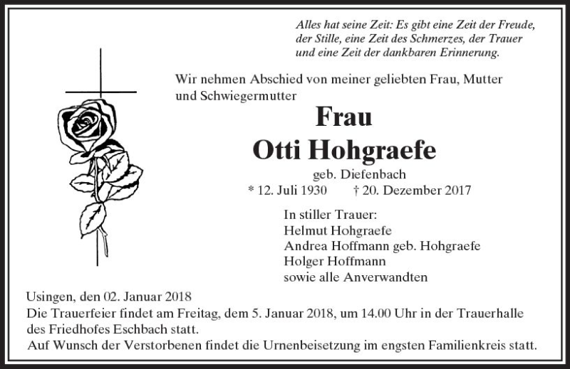  Traueranzeige für Otti Hohgraefe vom 02.01.2018 aus  Usinger Anzeiger
