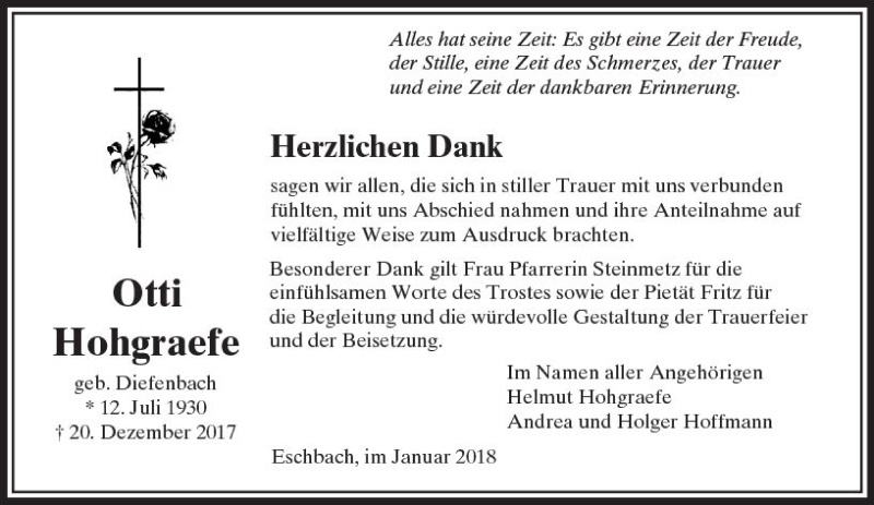  Traueranzeige für Otti Hohgraefe vom 20.01.2018 aus  Usinger Anzeiger