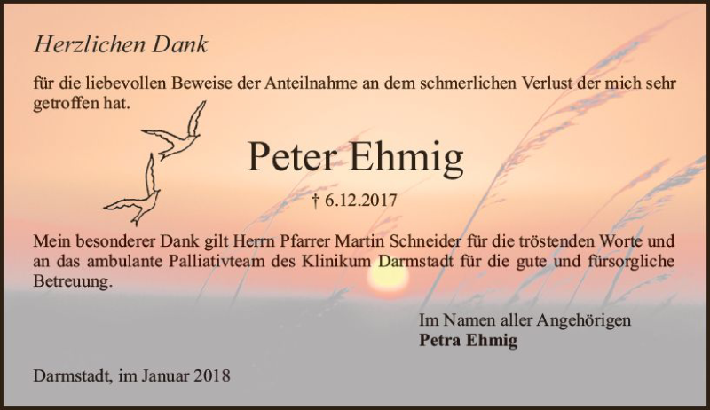  Traueranzeige für Peter Ehmig vom 27.01.2018 aus Trauerportal Rhein Main Presse