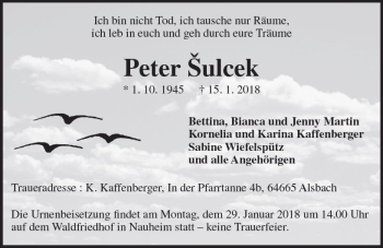 Traueranzeige von Peter Sulcek von Trauerportal Rhein Main Presse
