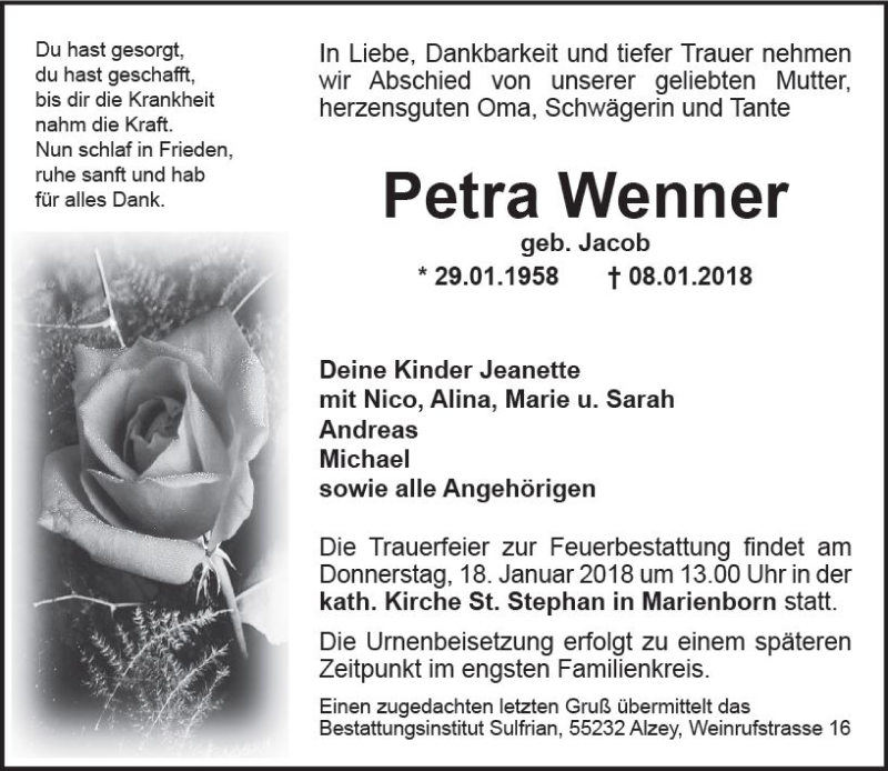  Traueranzeige für Petra Wenner vom 13.01.2018 aus Trauerportal Rhein Main Presse