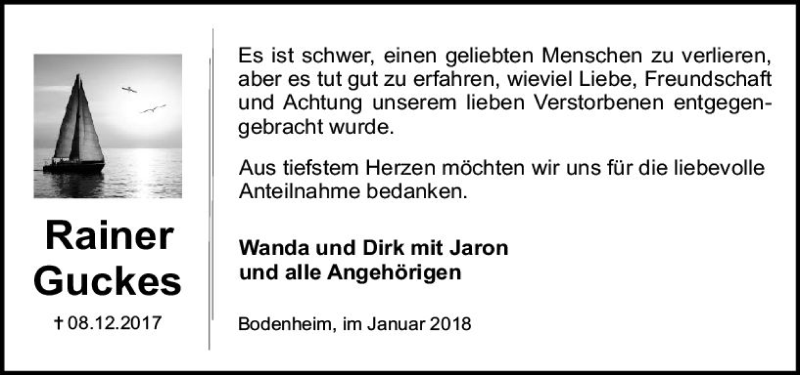  Traueranzeige für Rainer Guckes vom 06.01.2018 aus Trauerportal Rhein Main Presse