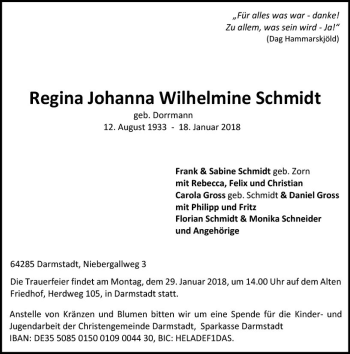 Traueranzeige von Regina Johanna Wilhelmine Schmidt von Trauerportal Rhein Main Presse