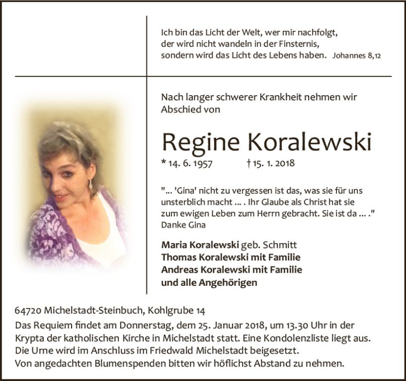  Traueranzeige für Regine Koralewski vom 20.01.2018 aus Trauerportal Rhein Main Presse