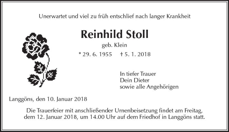  Traueranzeige für Reinhild Stoll vom 10.01.2018 aus  Gießener Anzeiger