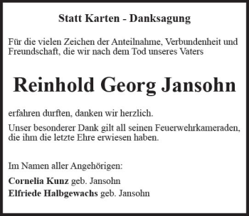 Traueranzeige von Reinhold Georg Jansohn von Trauerportal Rhein Main Presse