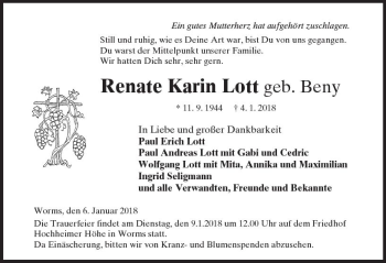 Traueranzeige von Renate Karin Lott von Trauerportal Rhein Main Presse