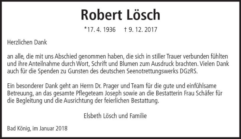  Traueranzeige für Robert Lösch vom 13.01.2018 aus Trauerportal Rhein Main Presse