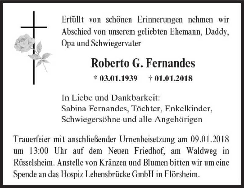  Traueranzeige für Roberto G. Fernandes vom 05.01.2018 aus Trauerportal Rhein Main Presse
