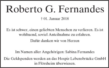Traueranzeige von Roberto G. Fernandes von Trauerportal Rhein Main Presse