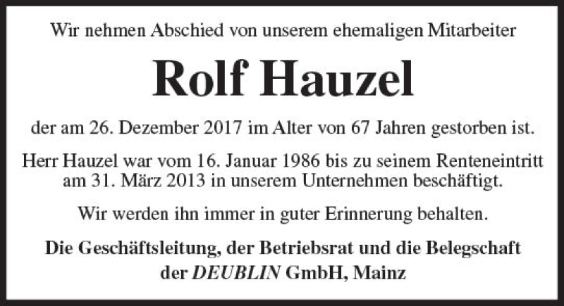  Traueranzeige für Rolf Hauzel vom 13.01.2018 aus Trauerportal Rhein Main Presse