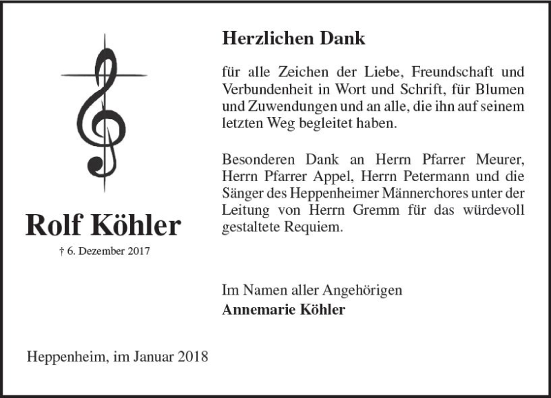  Traueranzeige für Rolf Köhler vom 05.01.2018 aus Trauerportal Rhein Main Presse
