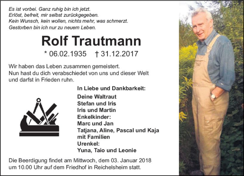  Traueranzeige für Rolf Trautmann vom 02.01.2018 aus Trauerportal Rhein Main Presse